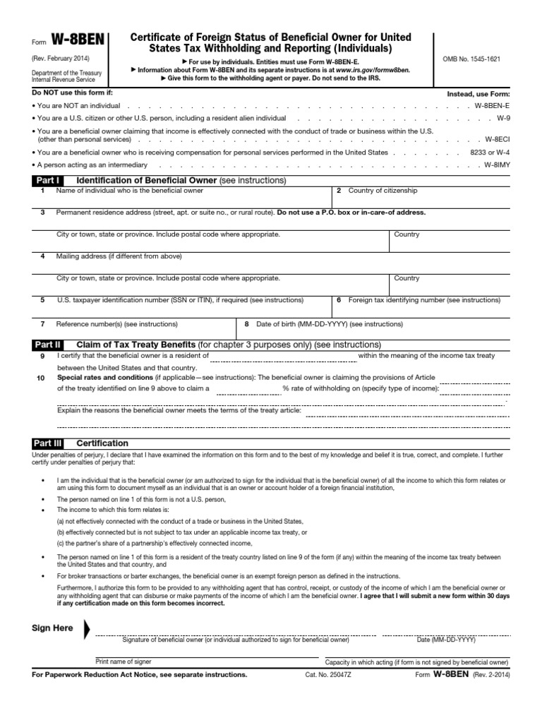 Form W8ben | PDF | Irs Tax Forms | Government Of The United States