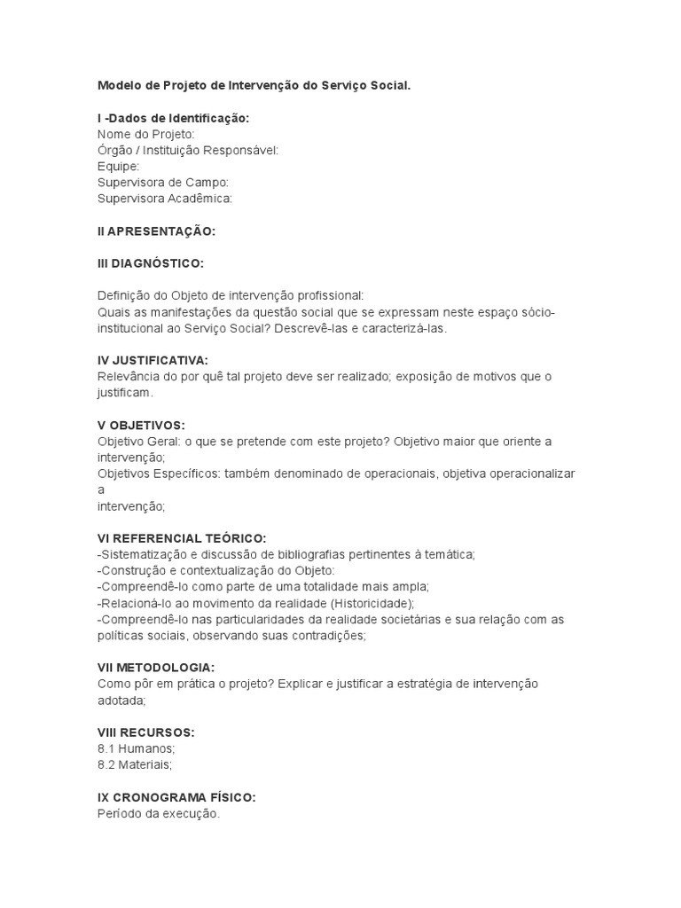 Modelo de Projeto de Intervenção Do Serviço Social | PDF