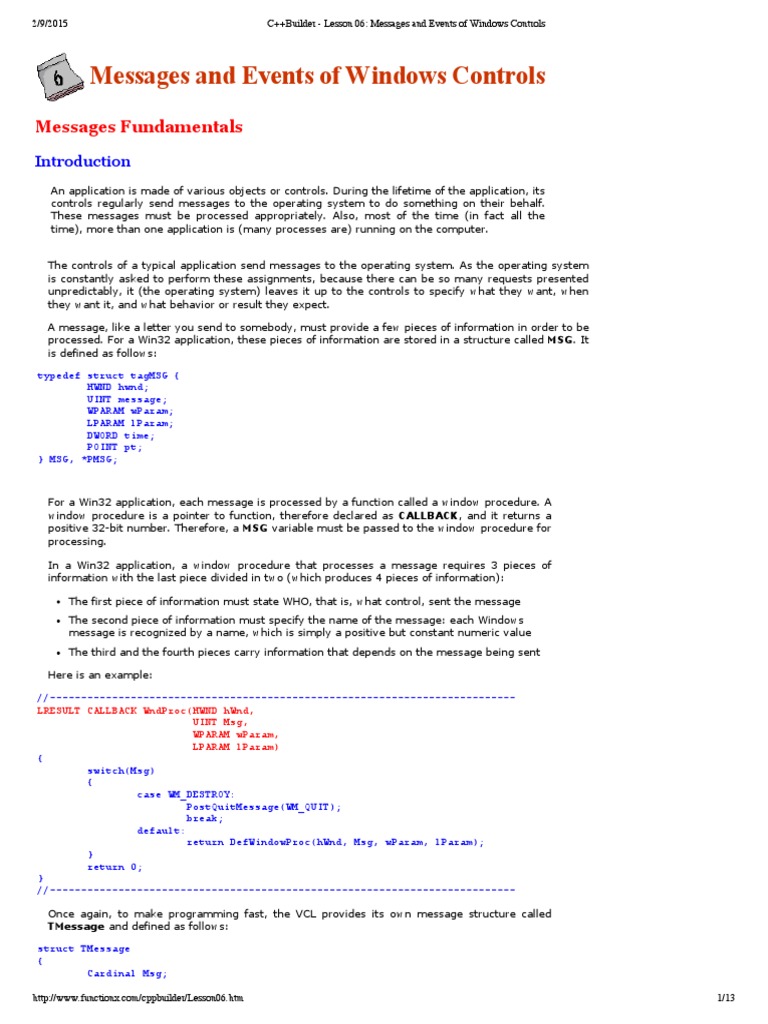 C++Builder - Lesson 06 - Messages and Events of Windows Controls | PDF ...