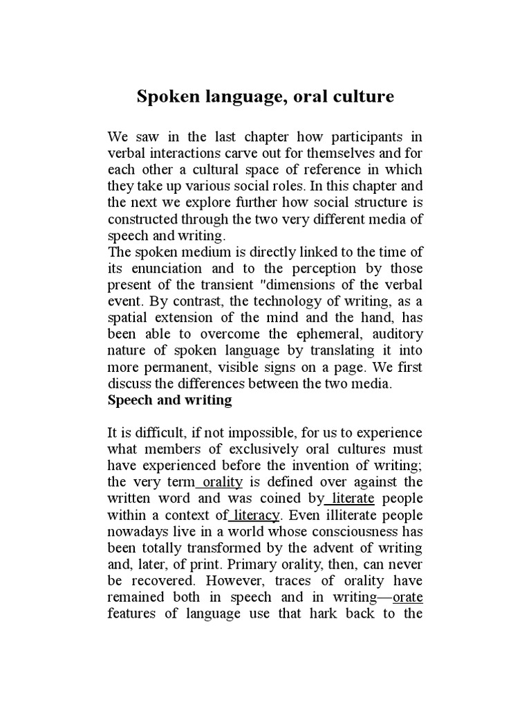Oral Culture and Spoken Language Dynamics | PDF | Literacy | Speech