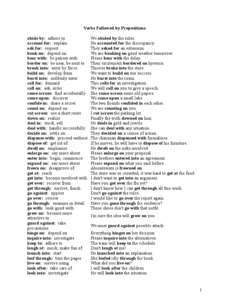 Verbs and Their Prepositions | PDF | Preposition And Postposition | Verb