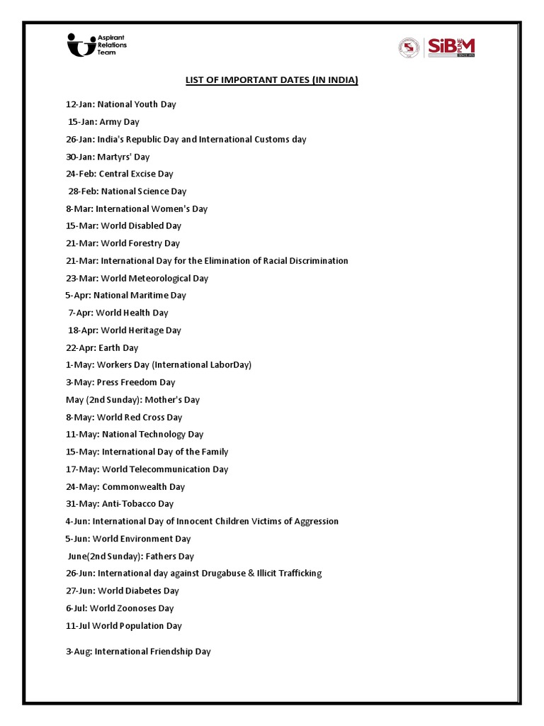List of Important Dates (In India) PDF