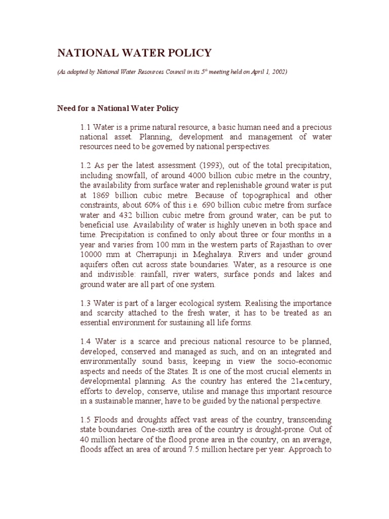 National Water Policy 1987 Water Resources Groundwater