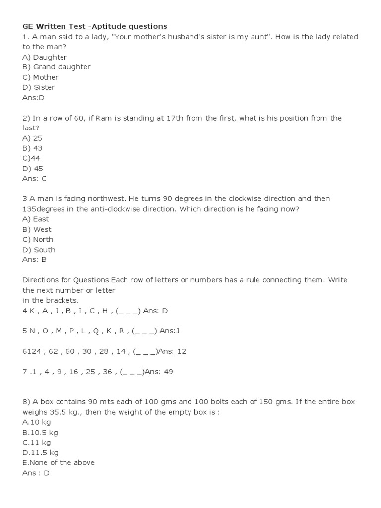 GE Aptitude Test Questions Overview | PDF | Integer | Teaching Mathematics