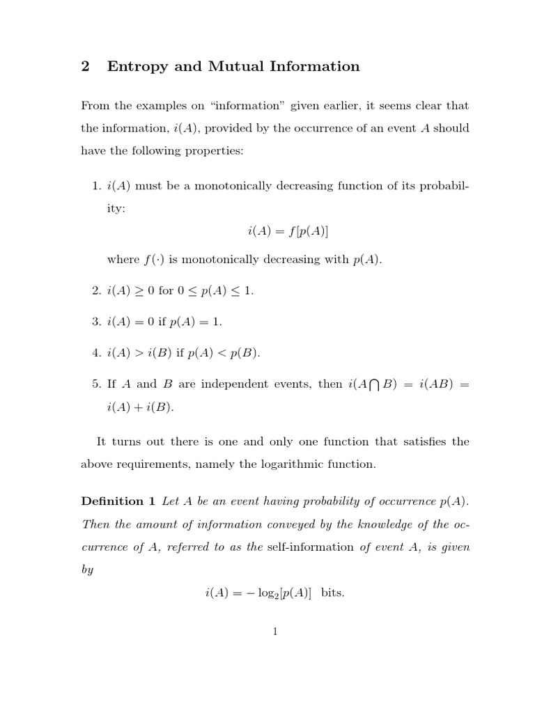 2 Entropy and Mutual Information: I (A) F (P (A) ) | PDF | Logarithm ...