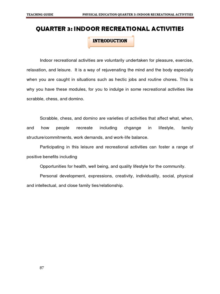 Indoor Recreational Activities Guide | PDF | Chess | Board Games