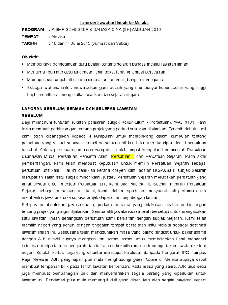 Laporan Lawatan Ilmiah Ke Melaka