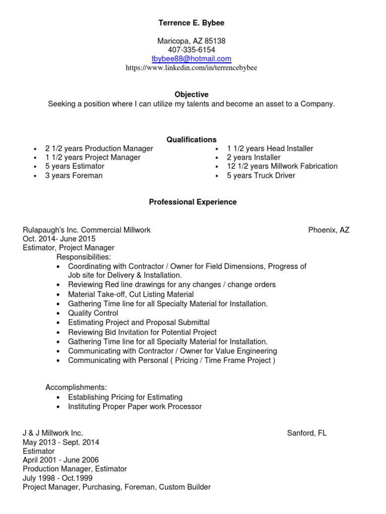Millwork Project Manager in Phoenix AZ Resume Terrence Bybee PDF