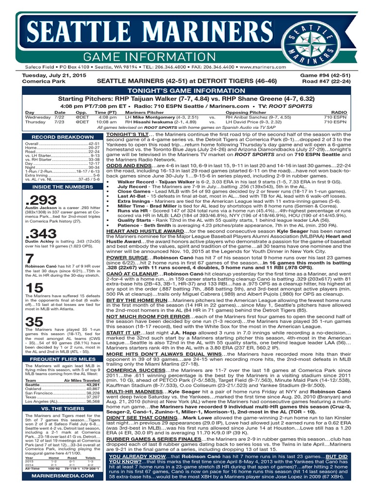 07.21.15 Game Notes PDF | PDF | Home Run | Detroit Tigers