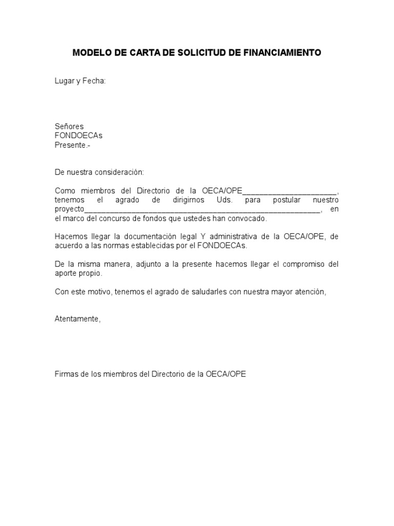 291 Modelo De Carta De Solicitud De Financiamiento Pdf