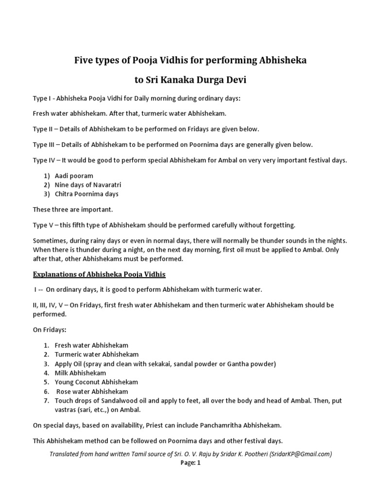 Abhisheka Pooja Vidhi for Kanaka Durga | PDF | Hindu Behaviour And ...