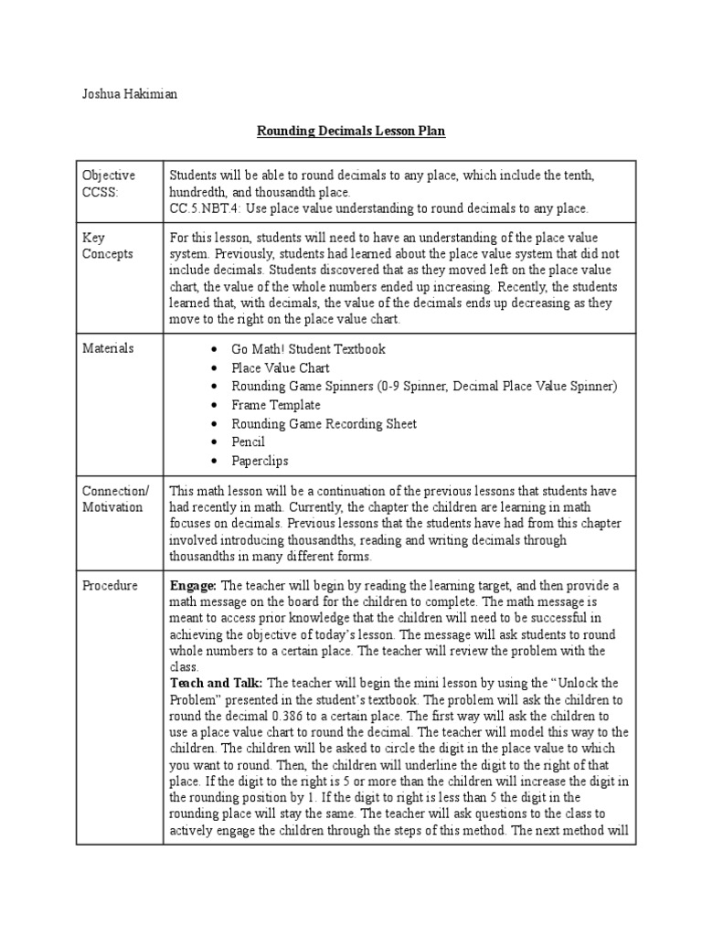 Rounding Decimals Lesson Plan for 3rd Grade | PDF | Worksheet | Teachers