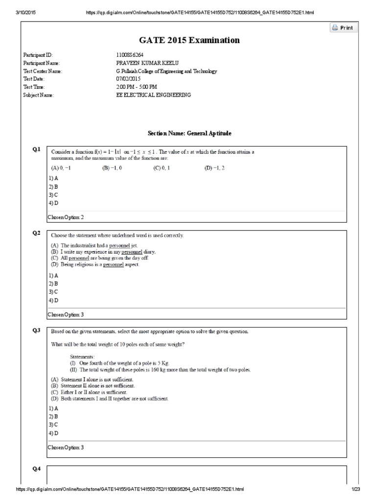 GATE 2015 Examination: Section Name: General Aptitude | PDF ...