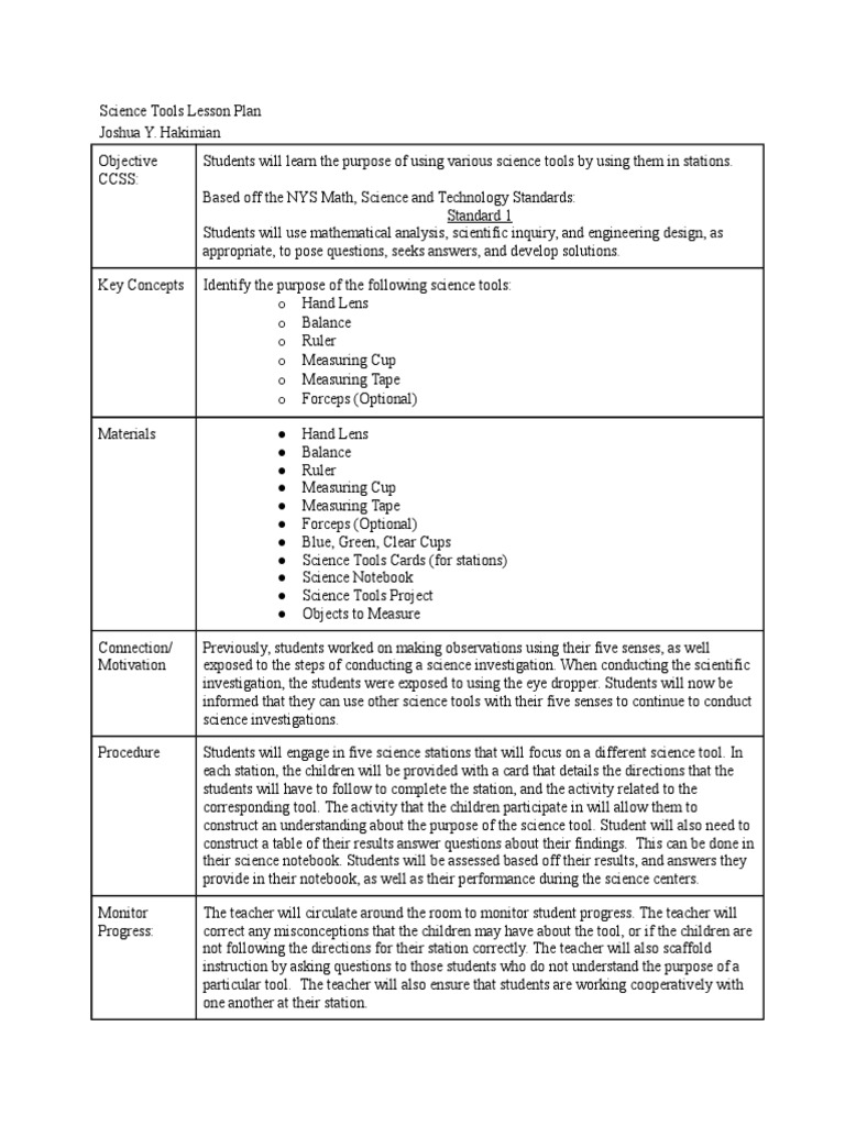 Science Tools Lesson Plan Pdf Lesson Plan Science