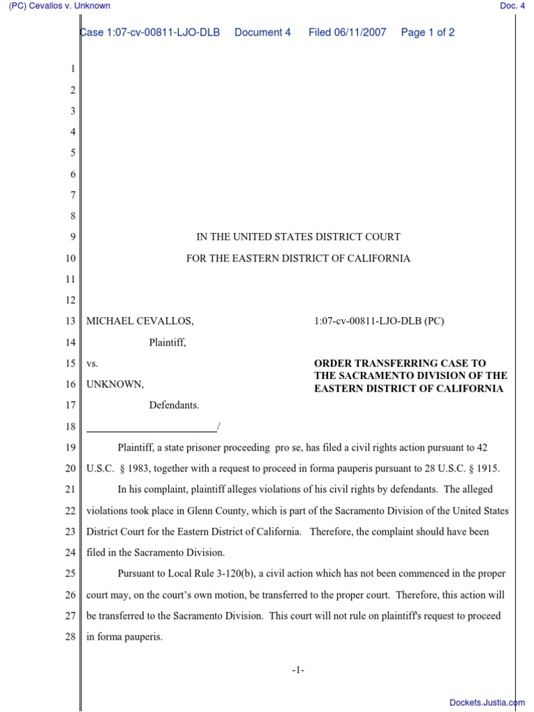 Case Transfer Order to Sacramento Court | PDF | United States District ...
