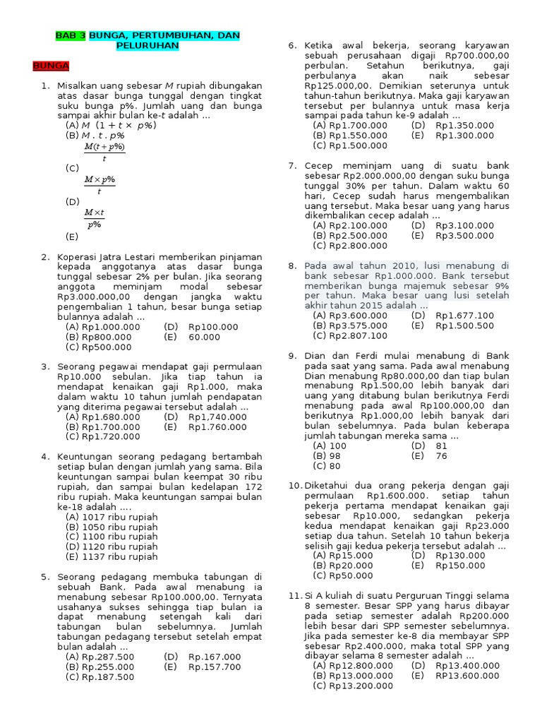 Contoh Soal Matematika Materi Bunga Pertumbuhan Dan Peluruhan Dan Pembahasannya