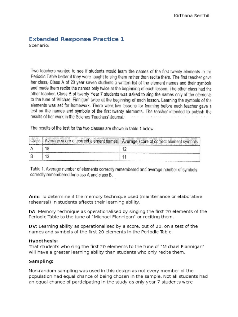 VCE Psychology sample Extended Response Experiment P Value