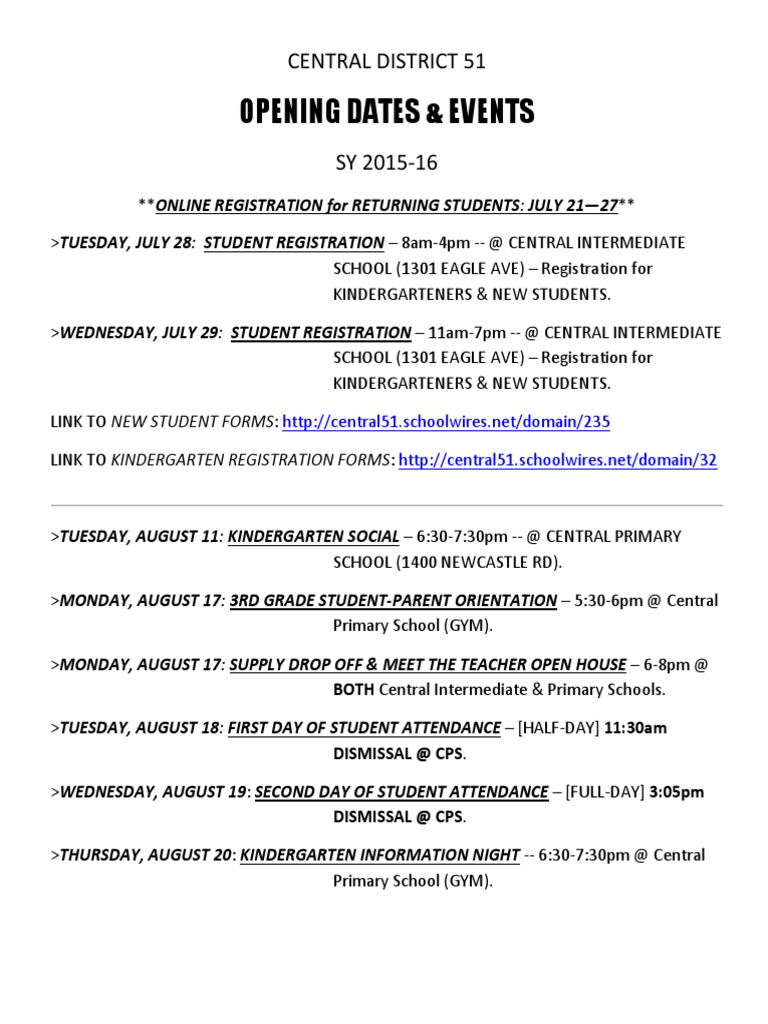 OPENING DATES & EVENTS at CENTRAL | PDF