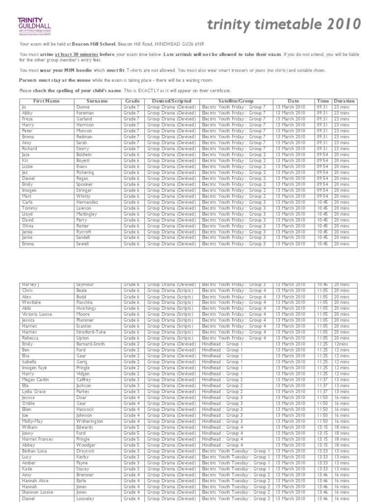 Trinity Drama Exam Timetable 2010 | PDF