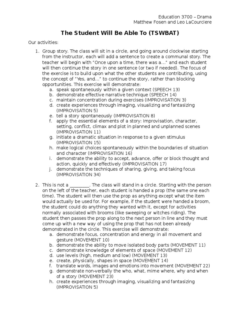 Understanding TSWBAT in Drama Education | PDF | Improvisation ...