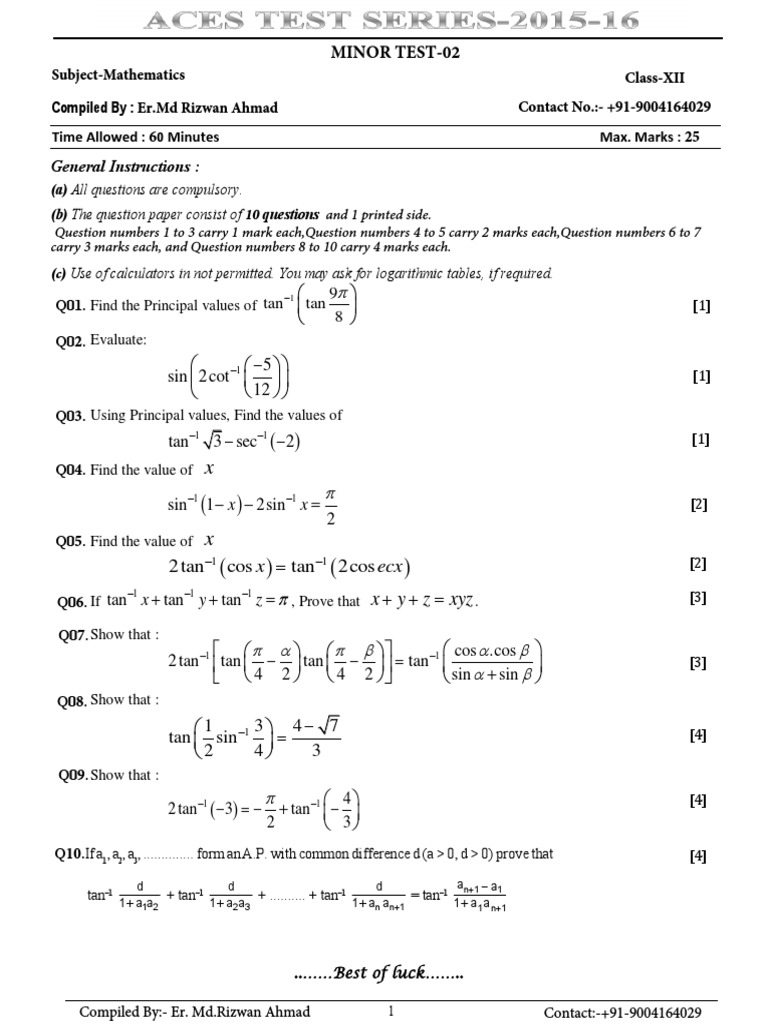 Trigonometry Principal Values Test | PDF | Teaching Methods & Materials