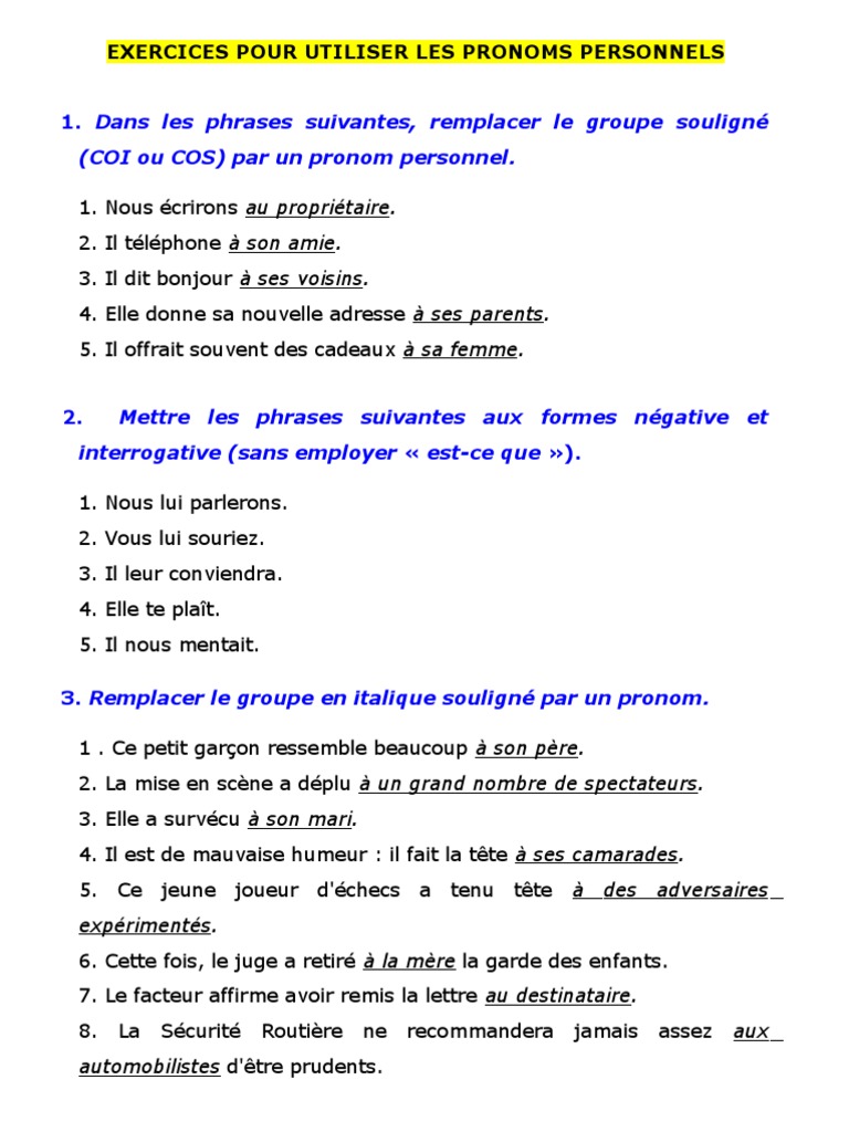 Les Pronoms Personnels Cod Et Coi Exercices Pdf 4° Exercices OL Pronoms Personnels | PDF | Pronom