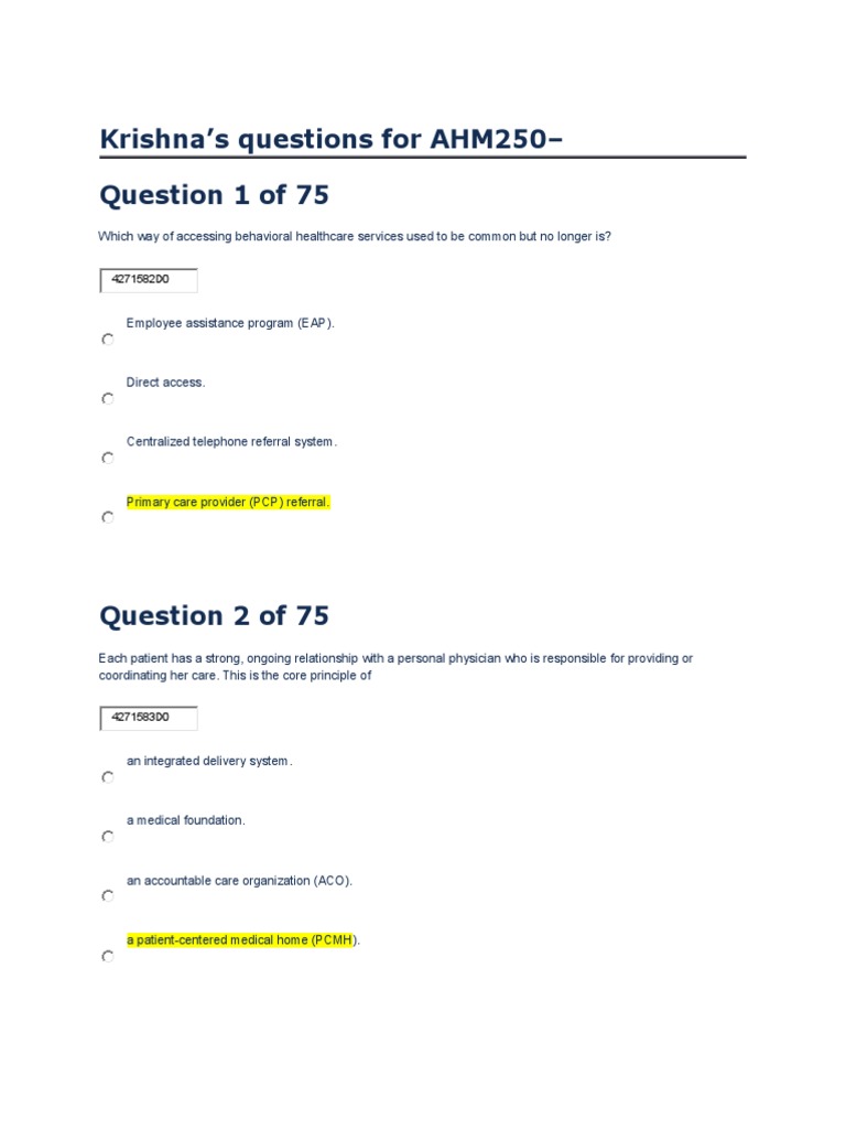 AHM 250 Exam Questions and Review | PDF | Health Maintenance ...