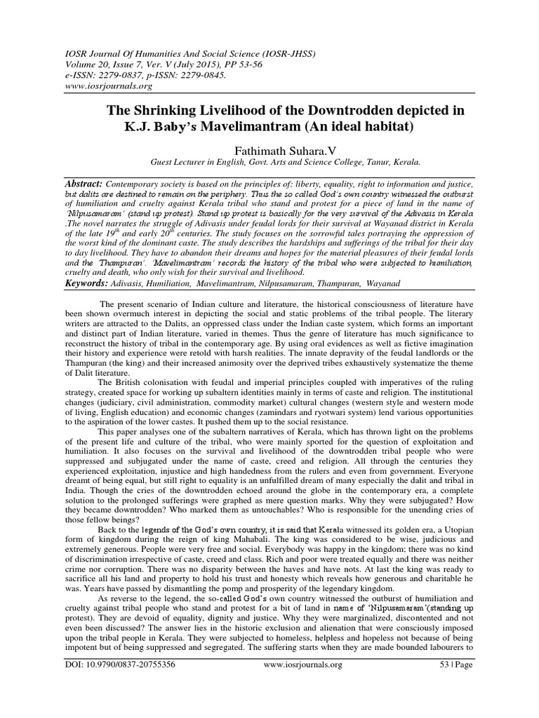 The Shrinking Livelihood of The Downtrodden Depicted in K.J. Baby's  Mavelimantram (An Ideal Habitat) | PDF | Caste | Slavery