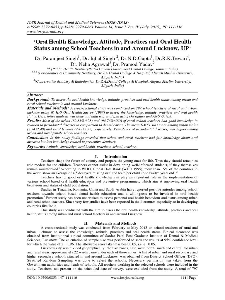 Oral Health Knowledge, Attitude, Practices and Oral Health Status Among