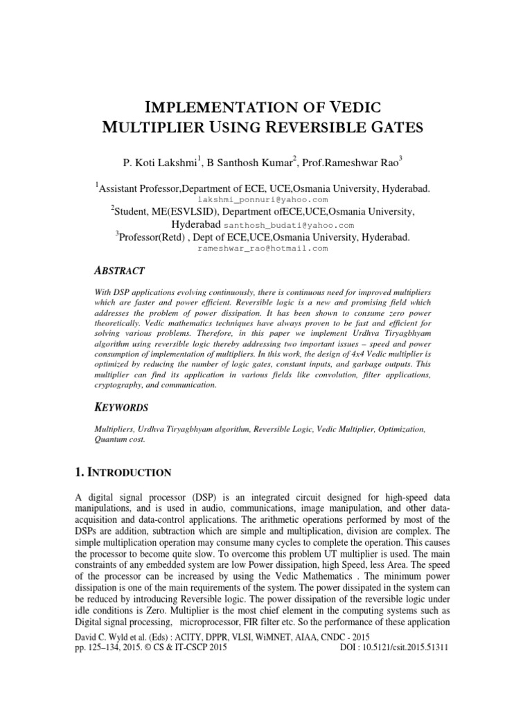 Implemenation of Vedic Multiplier Using Reversible Gates PDF Logic