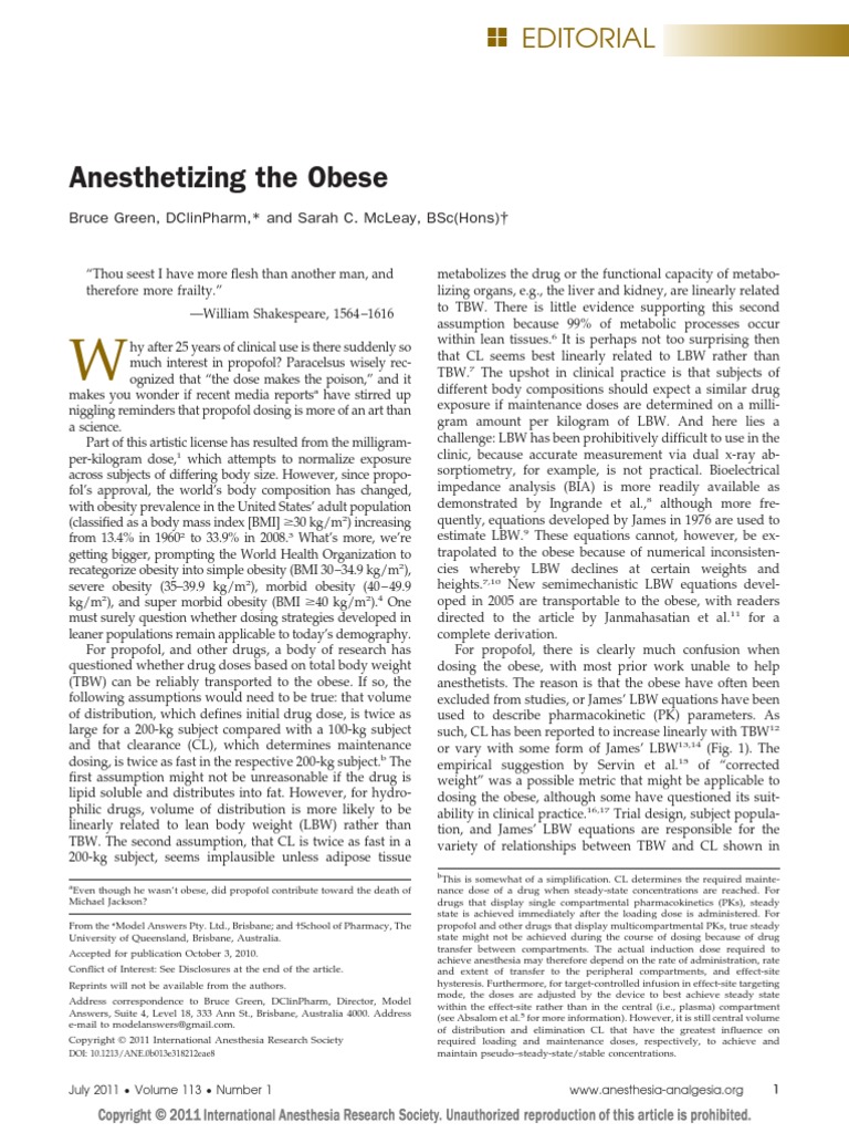 Anesthetizing The Obese.1 | Download Free PDF | Pharmacokinetics ...