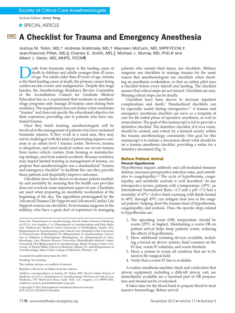 A Checklist for Trauma and Emergency Anesthesia Special Article