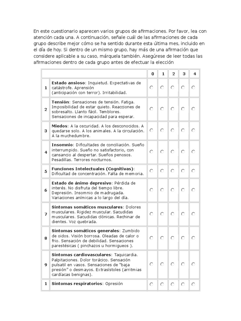 Printable Beck Depression Test Printable