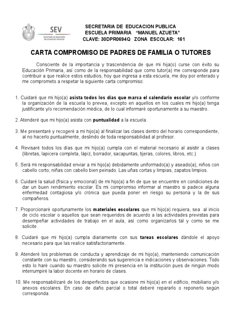 Carta Compromiso de Padres de Familia | PDF | Comportamiento | Maestros