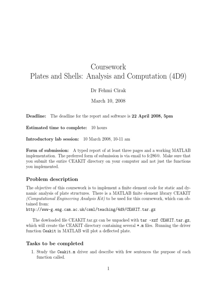 Coursework Plates and Shells: Analysis and Computation (4D9) | PDF ...