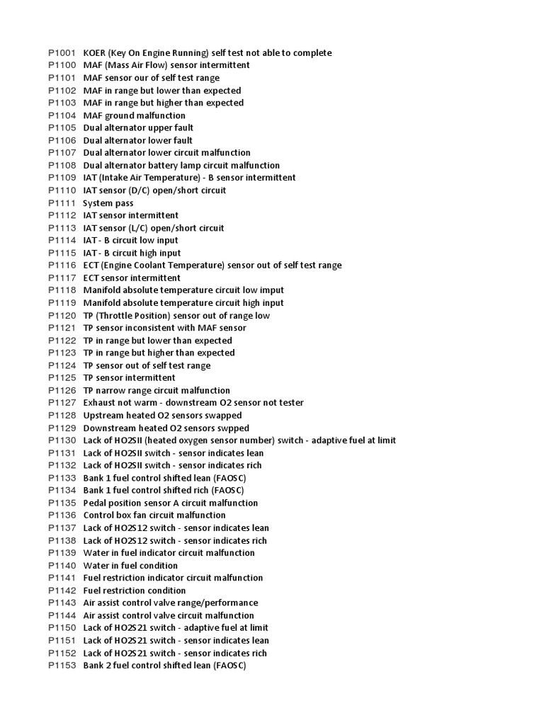 Engine Diagnostic Trouble Codes Summary | PDF | Throttle | Ignition System
