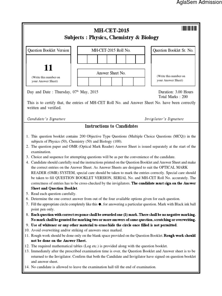 MH-CET 2015 Physics Question Paper | PDF | Redox | Series And Parallel ...