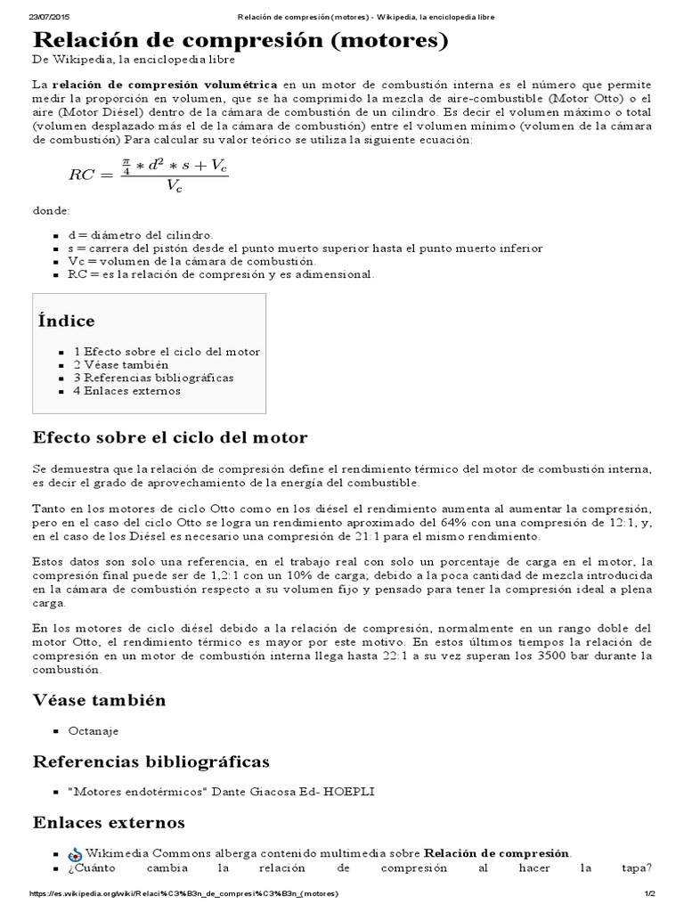 Relación de Compresión (Motores) Wikipedia, La Enciclopedia Libre