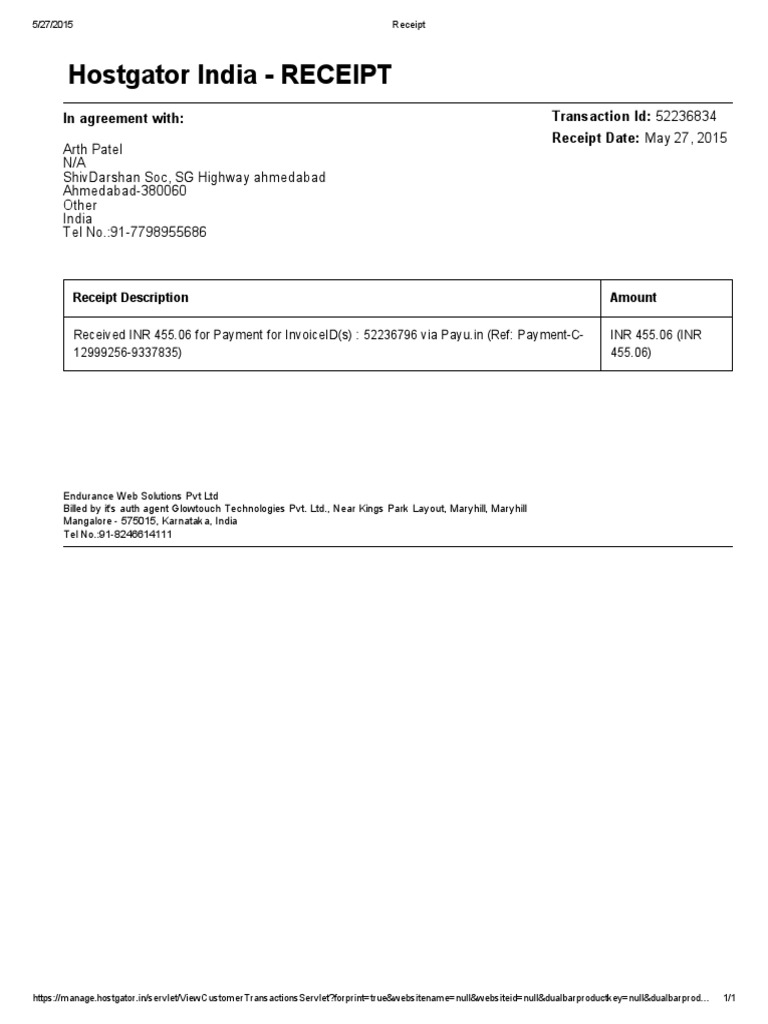 HostGator India Payment Receipt | PDF | Business | Finance & Money ...