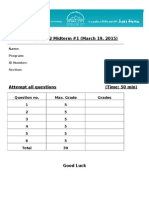 Math 202 Midterm #1 (March 19, 2015) : Question No. Max. Grade Grades 1 5 2 5 3 5 4 5 5 5 6 5 Total 30