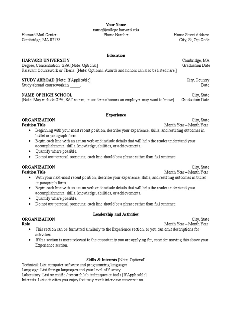 college resume template harvard