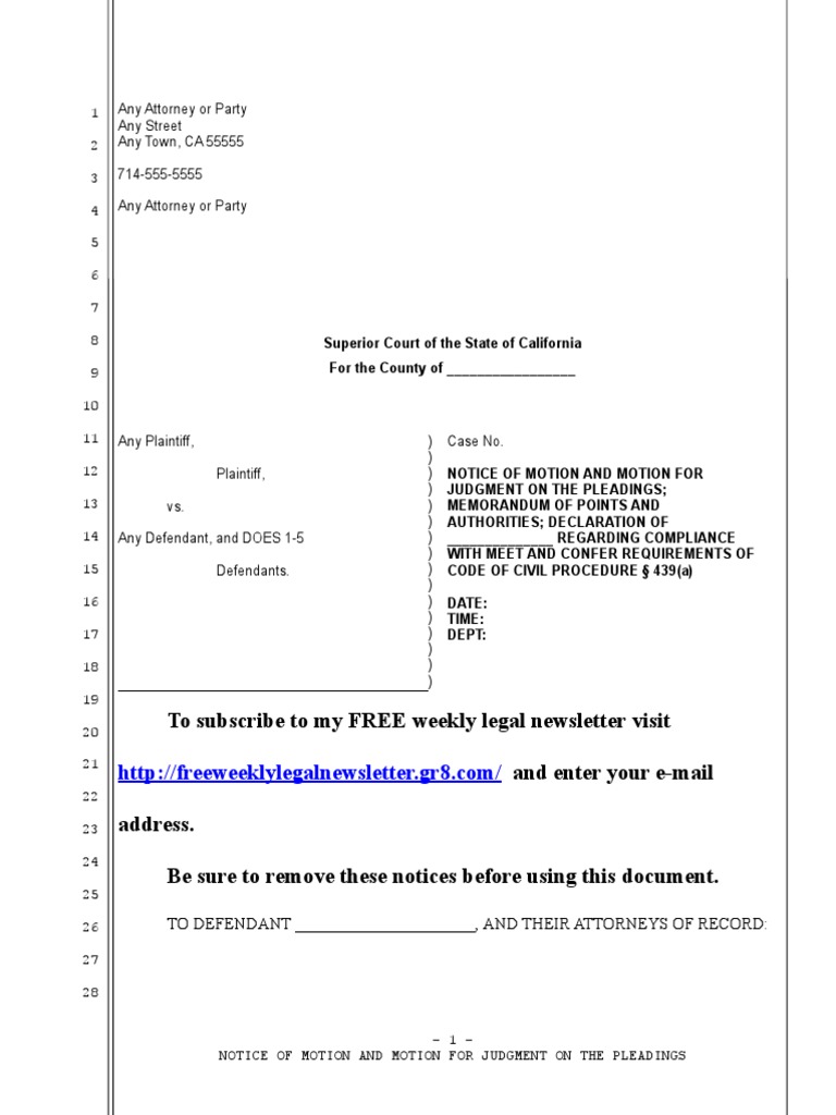 Sample California Motion for Judgment on the Pleadings for Plaintiff