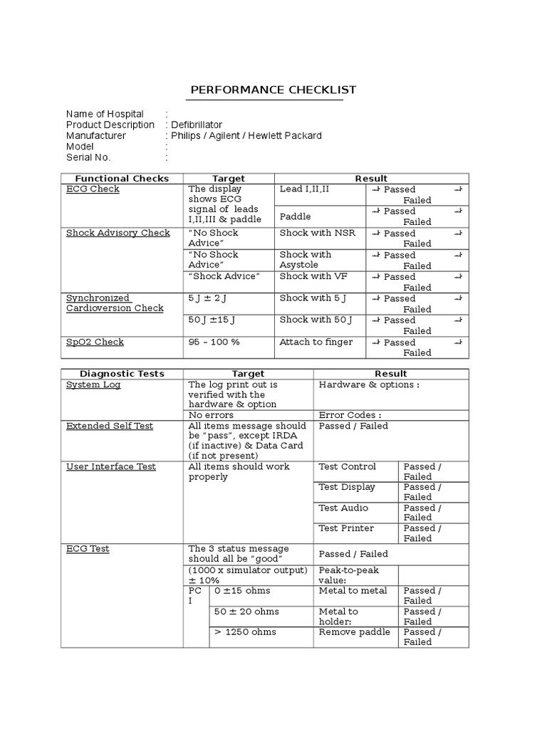 Defibrillator Performance Checklist | PDF