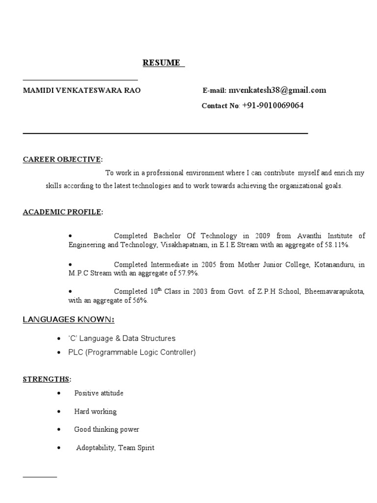 resume Resume B Tech b tech fresher resume