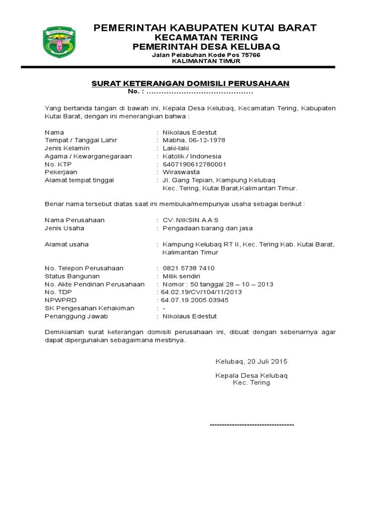 Surat Keterangan Domisili Adalah
