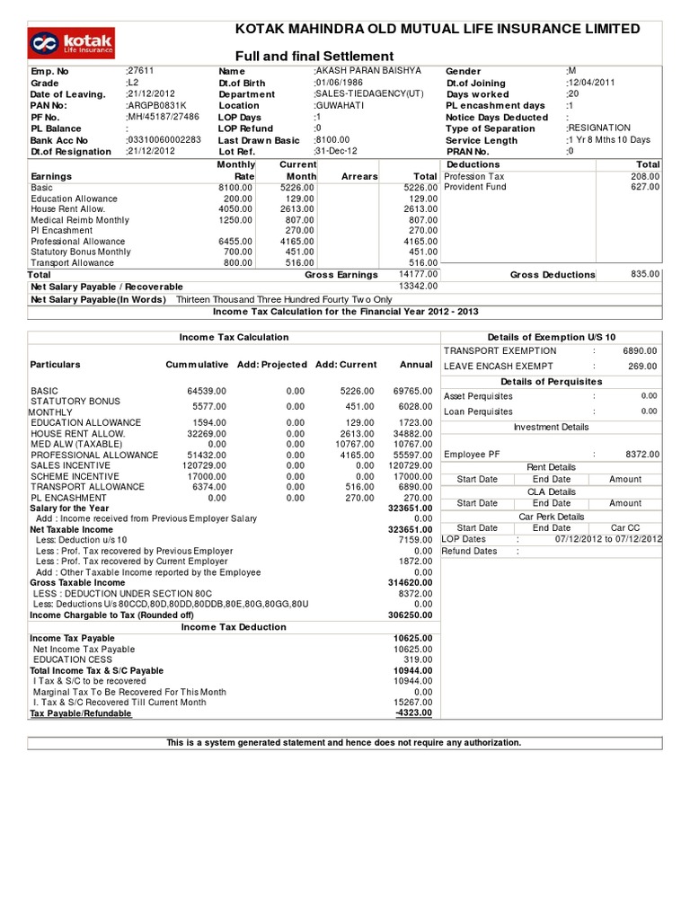 Kotak Mahindra Old Mutual Life Insurance Limited Full and Final Settlement PDF