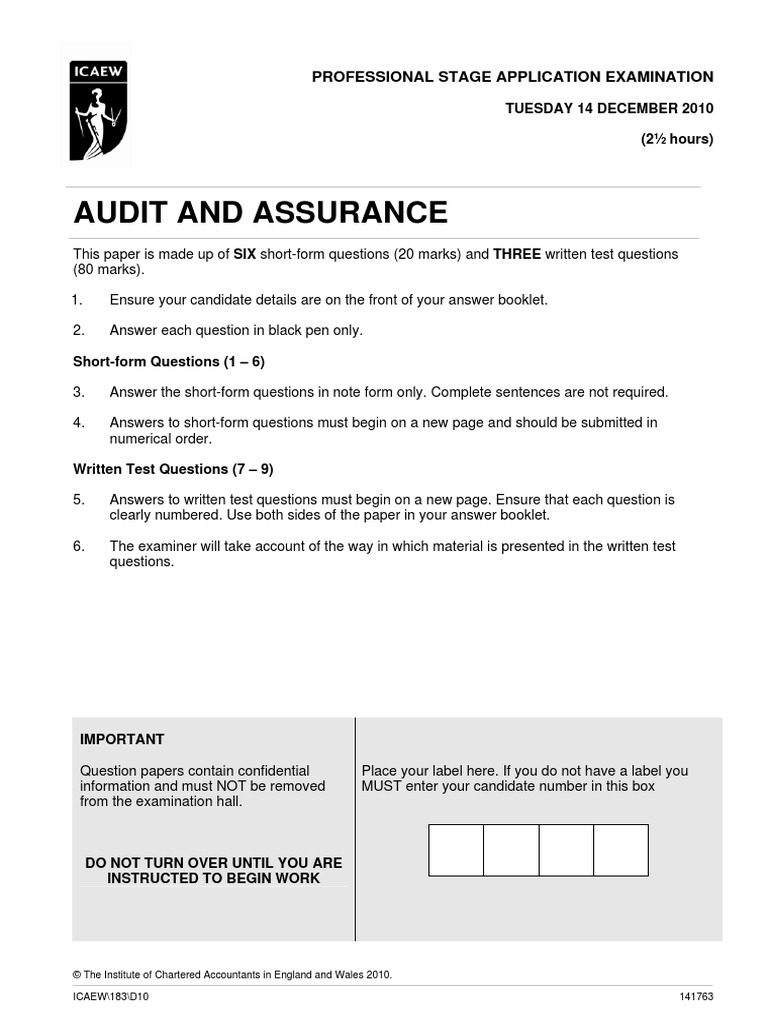 Audit and Assurance December 2010 Exam Paper, ICAEW Going Concern Audit