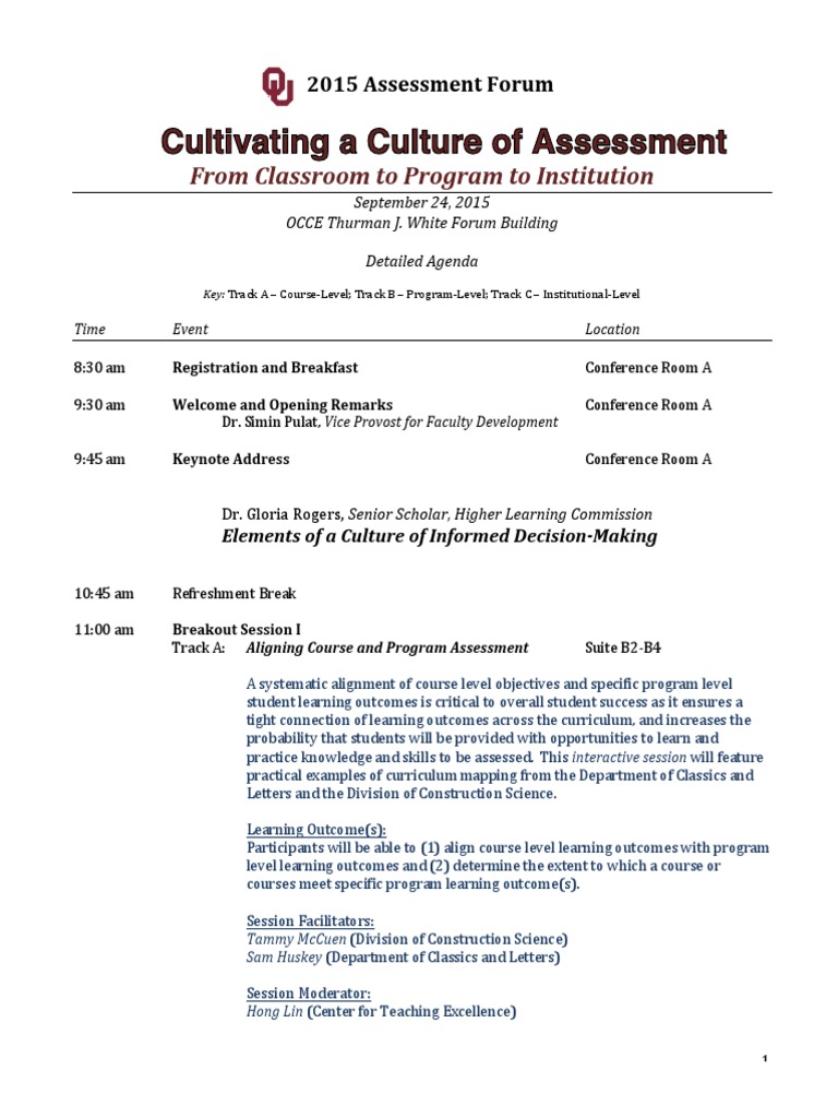 2015 Assessment Forum Agenda | PDF | Facilitator | Educational Assessment