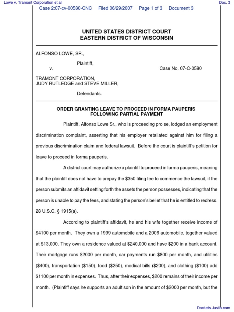 Lowe v. Tramont Corporation Et Al Document No. 3 PDF Service Of Process Complaint