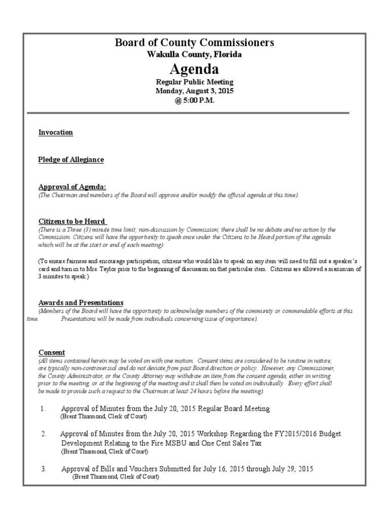 Wakulla County Board of County Commissioners August 3, 2015 Draft Agenda PDF Agenda (Meeting